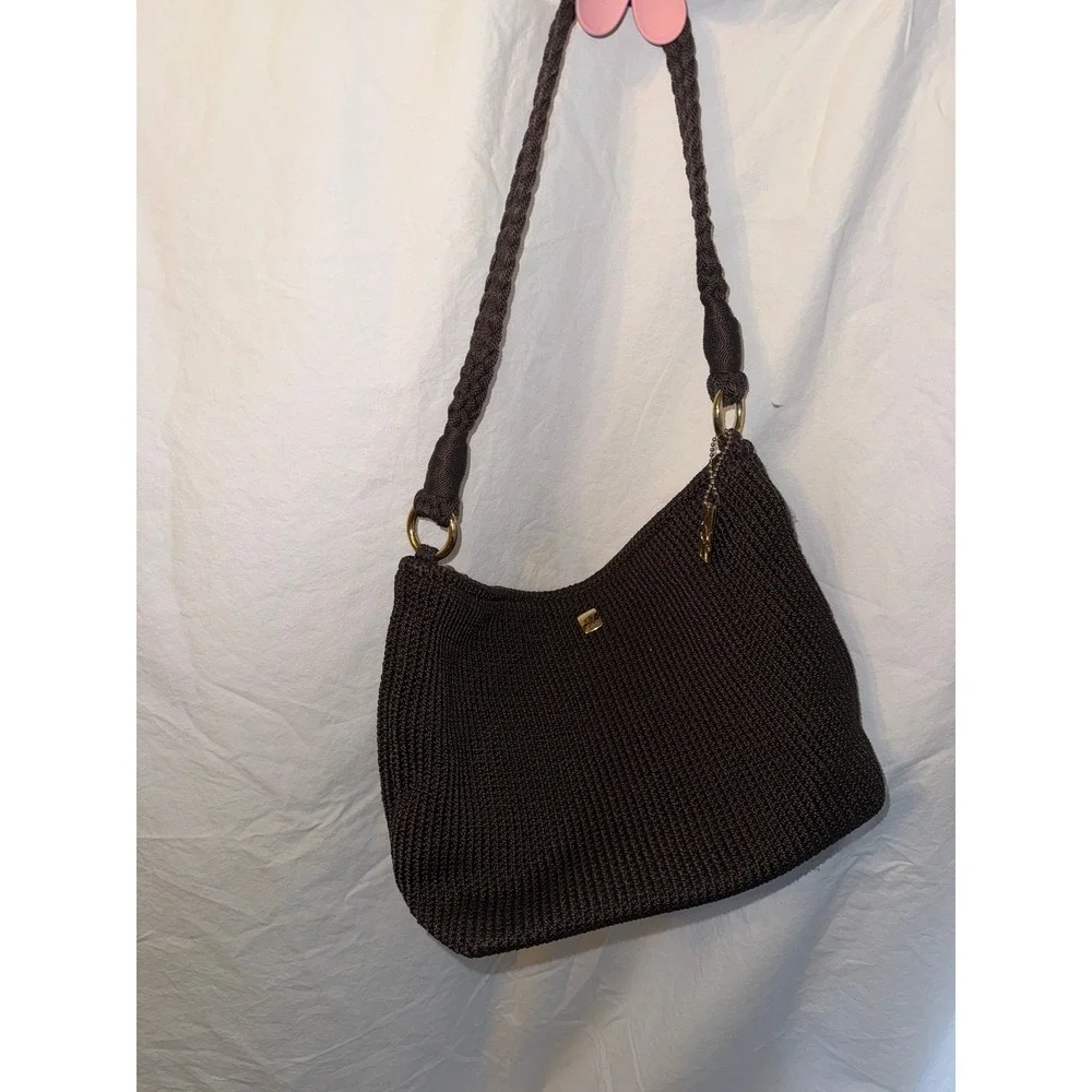 Lina Crochet Shoulder Bag Dark Brown Braided Strap Pink Floral Lining Hobo Purse
